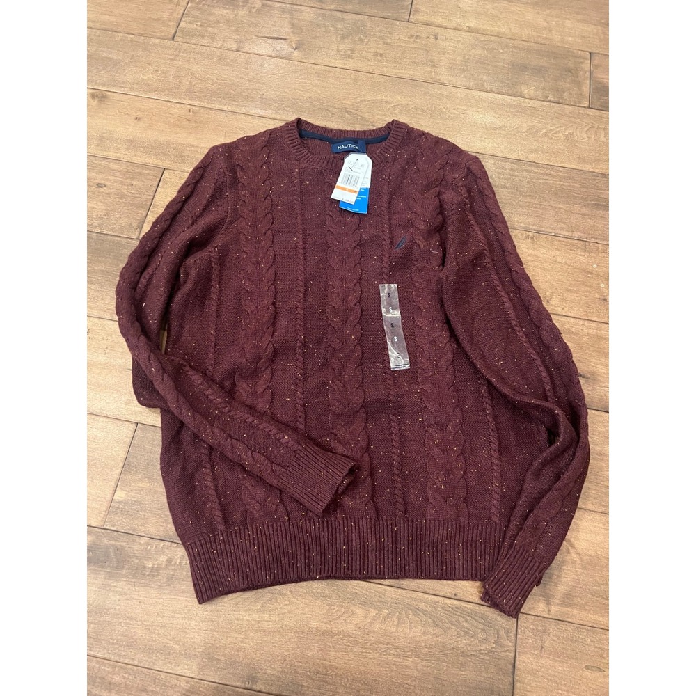Nautica Mens Cable Knit Crewneck Sweater Burgundy Nep Fleck S37307 Size S - Picture 2 of 5